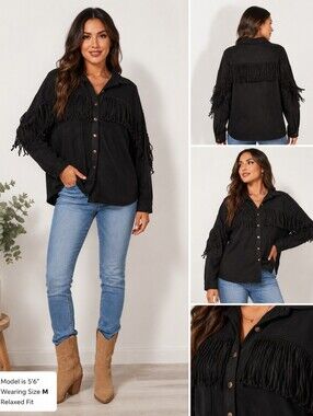 Velvet Heart Faux Suede Fringe Sleeve Button Front Shirt Jacket Women's Medium
